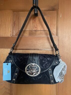 Kathy Van Zeeland Black Shoulder Bag with Crystal Emblem